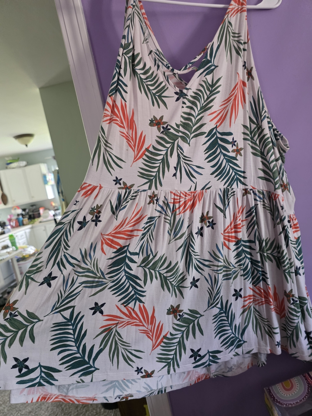 Woman Within Tropical Leaf Print Sundress in Coral, Green & White